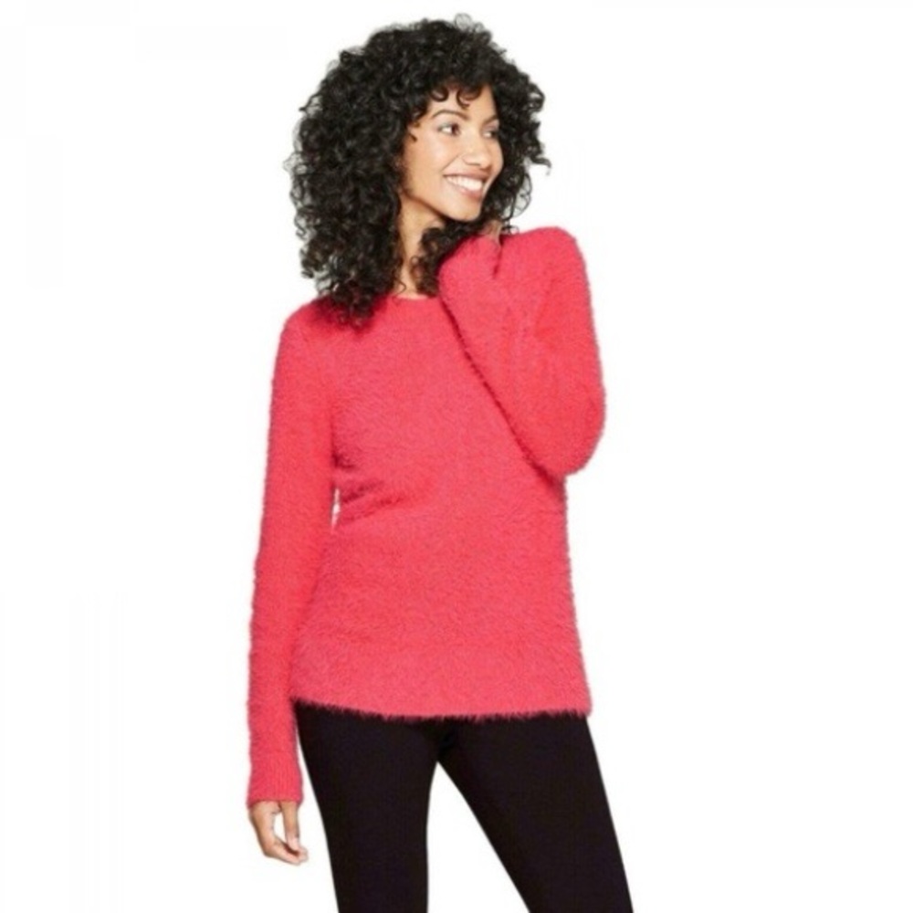 a new day Coral Pink Fuzzy Crew Neck Sweater